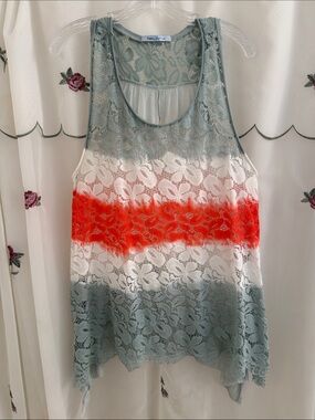 Elsie & Zoey Lace Ombre Tank Top with Coral Stripe